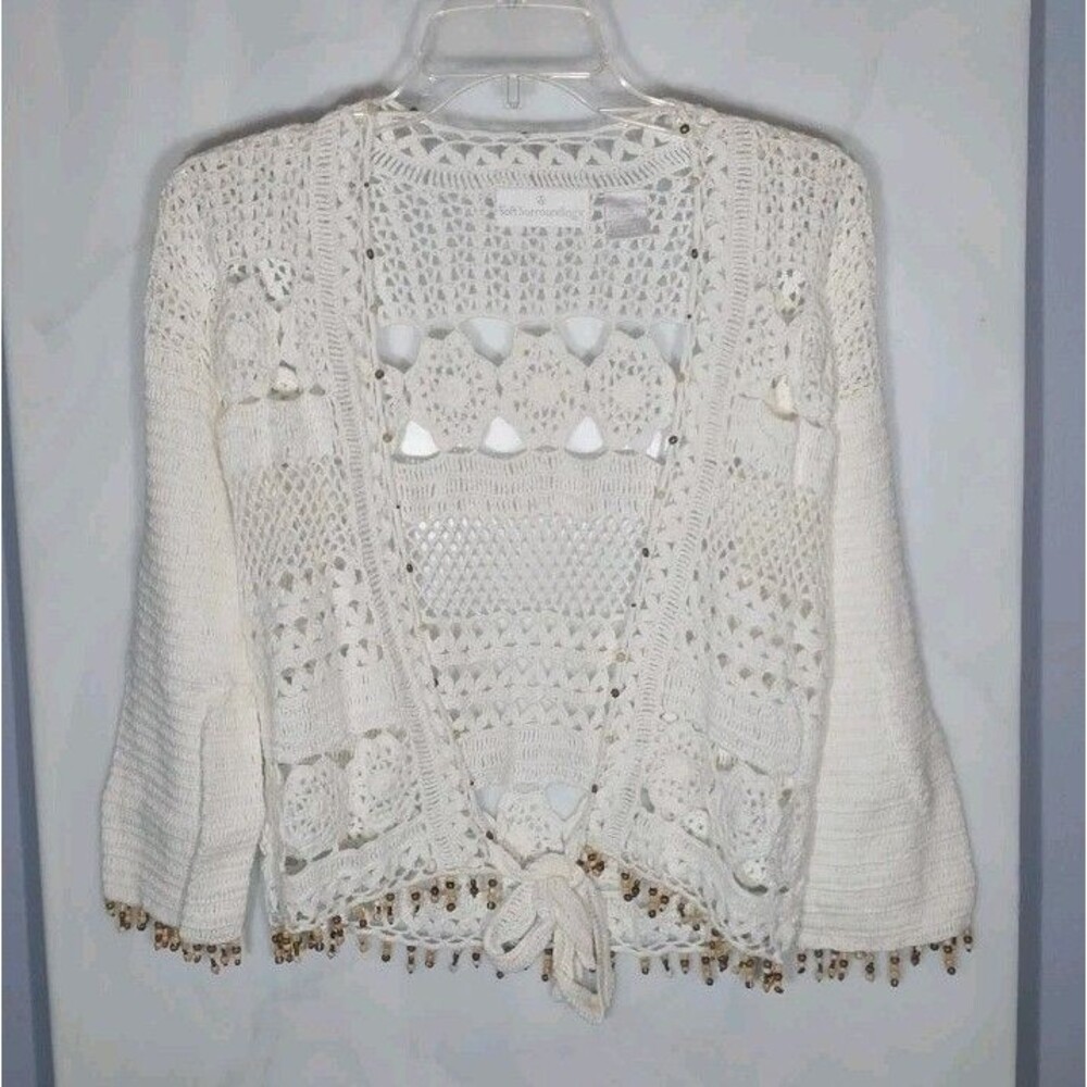 Soft Surroundings Crochet Tie Front Cardigan M Ivory Beaded Ramie Cotton Boho